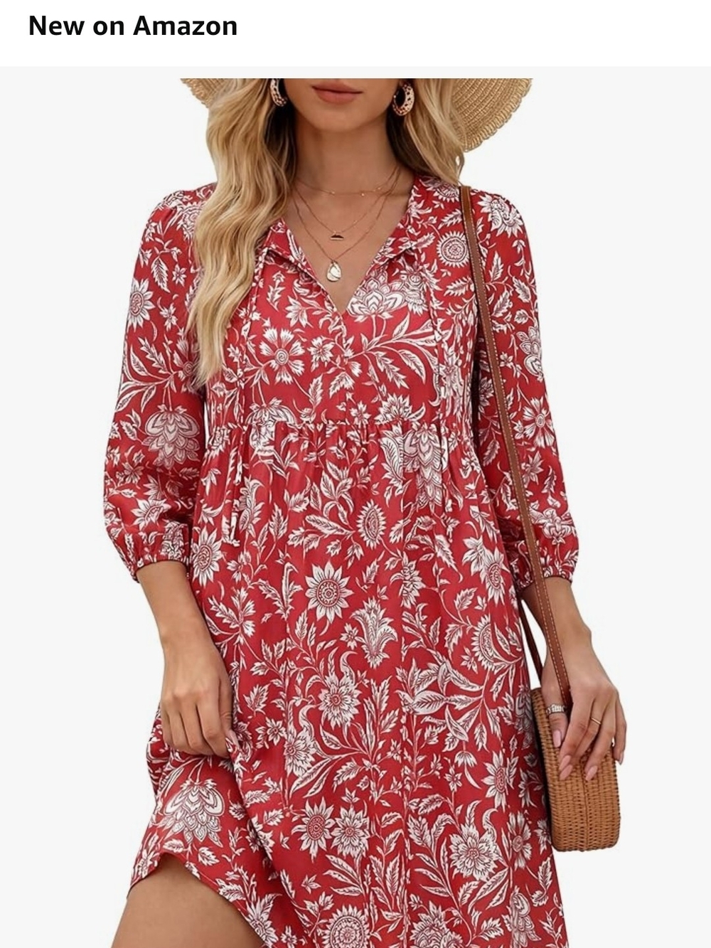 Women’s Floral Midi Dress - Red White Print